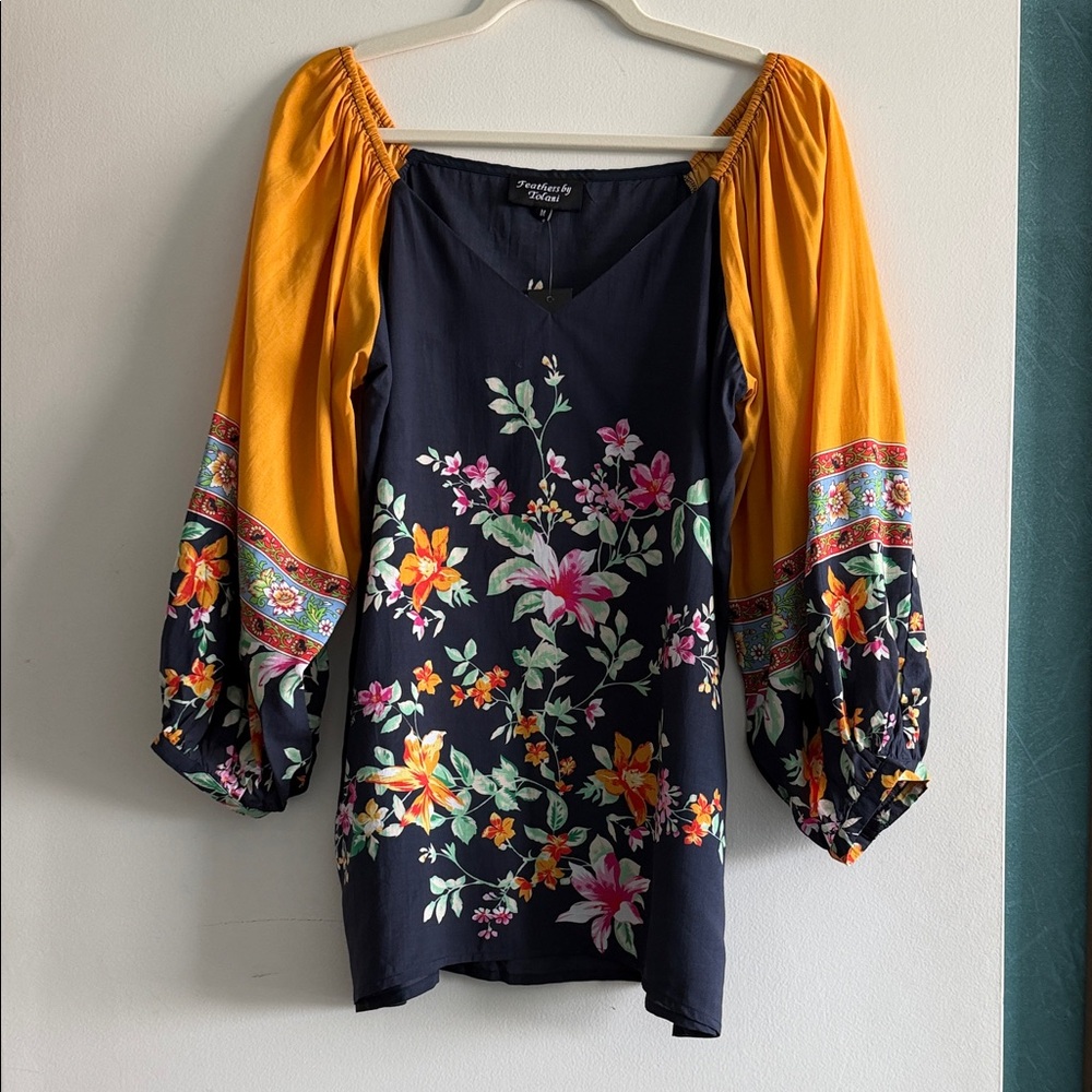 Floral Off-Shoulder Blouse - Navy and Orange